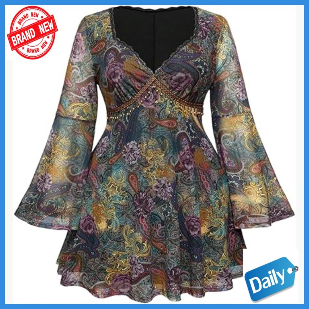 Plus Size Long Sleeve V Neck Mesh Mini Dress Boho Vintage Style - Picture 1 of 4